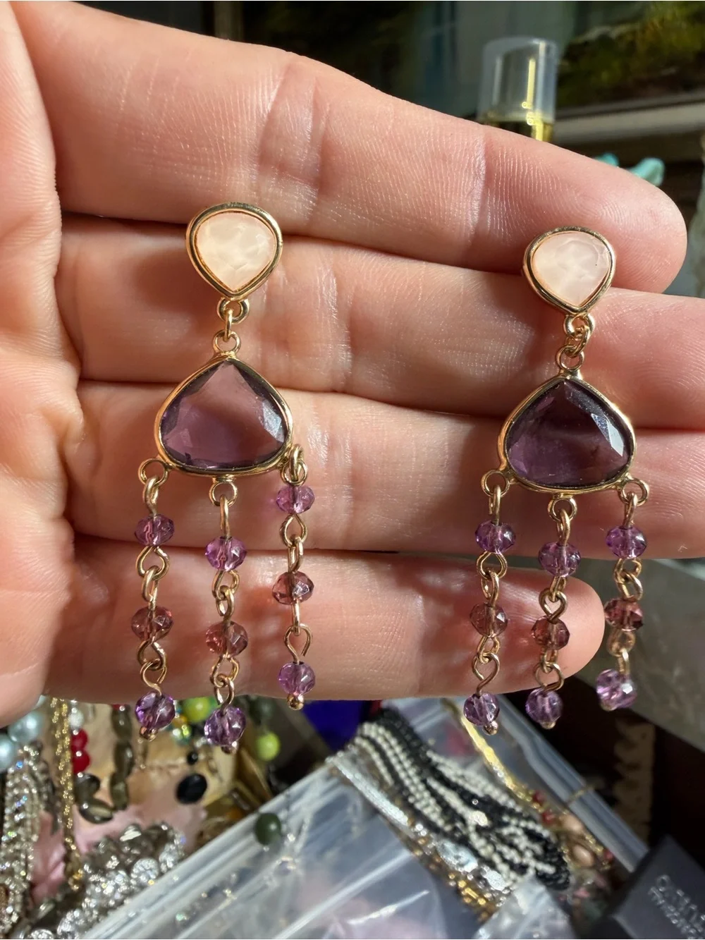 Rose quartz goldtone bezel amethyst chandelier cascade drop earrings